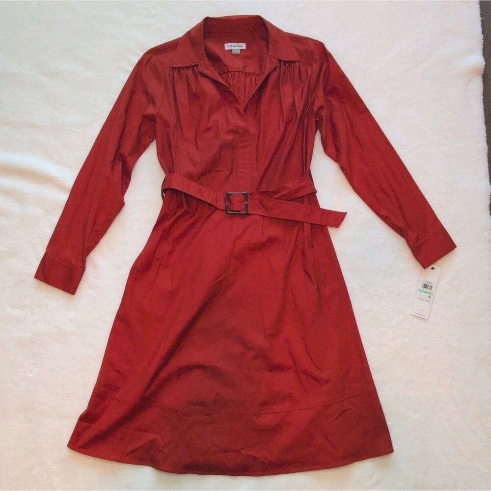 Calvin Klein Red Solid Collared Long Sleeve Belted Cotton Woven Shirt Dress 8